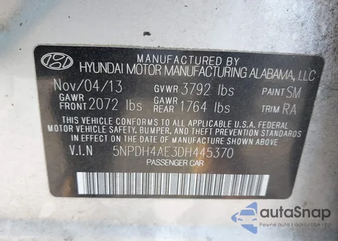 2013 Hyundai Elantra Gls z USA, uszkodzony, nr VIN 5NPDH4AE3DH445370